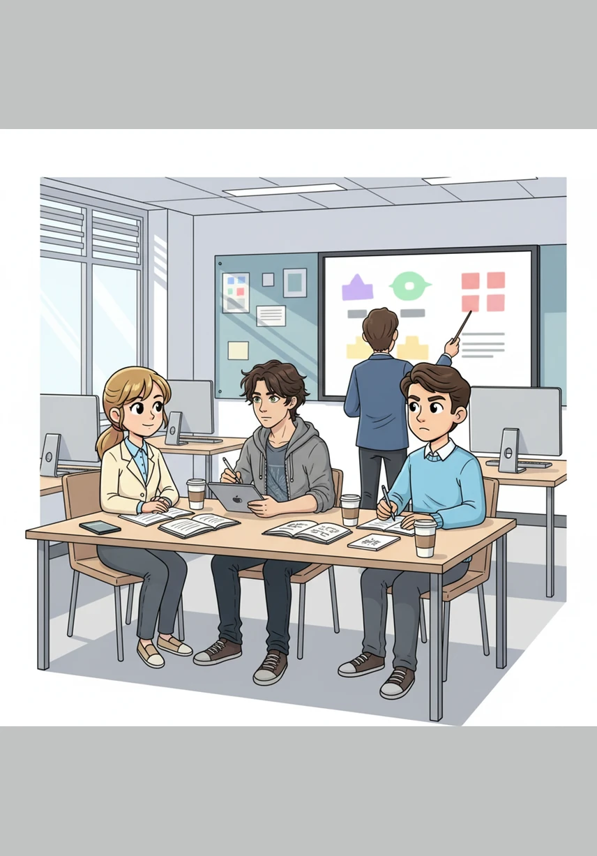 Marc, Laia, and Pol sit together in their bright technology classroom as their teacher introduces a new group project. They are tasked with creating a presentation about the legal regulations of the Data Protection Act.