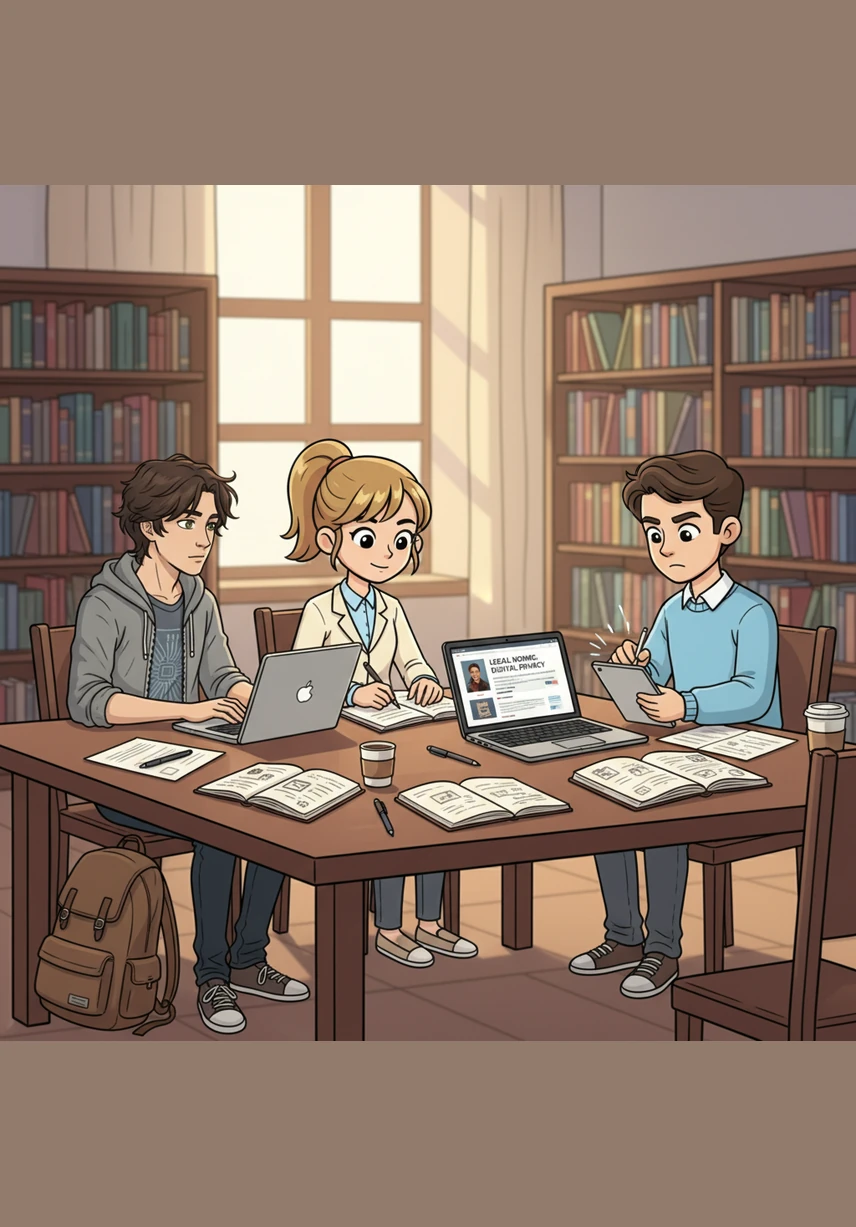The group heads to the school library, spreading their notebooks and laptops across a large wooden table. They access the official website for legal norms to begin their deep dive into the world of digital privacy.