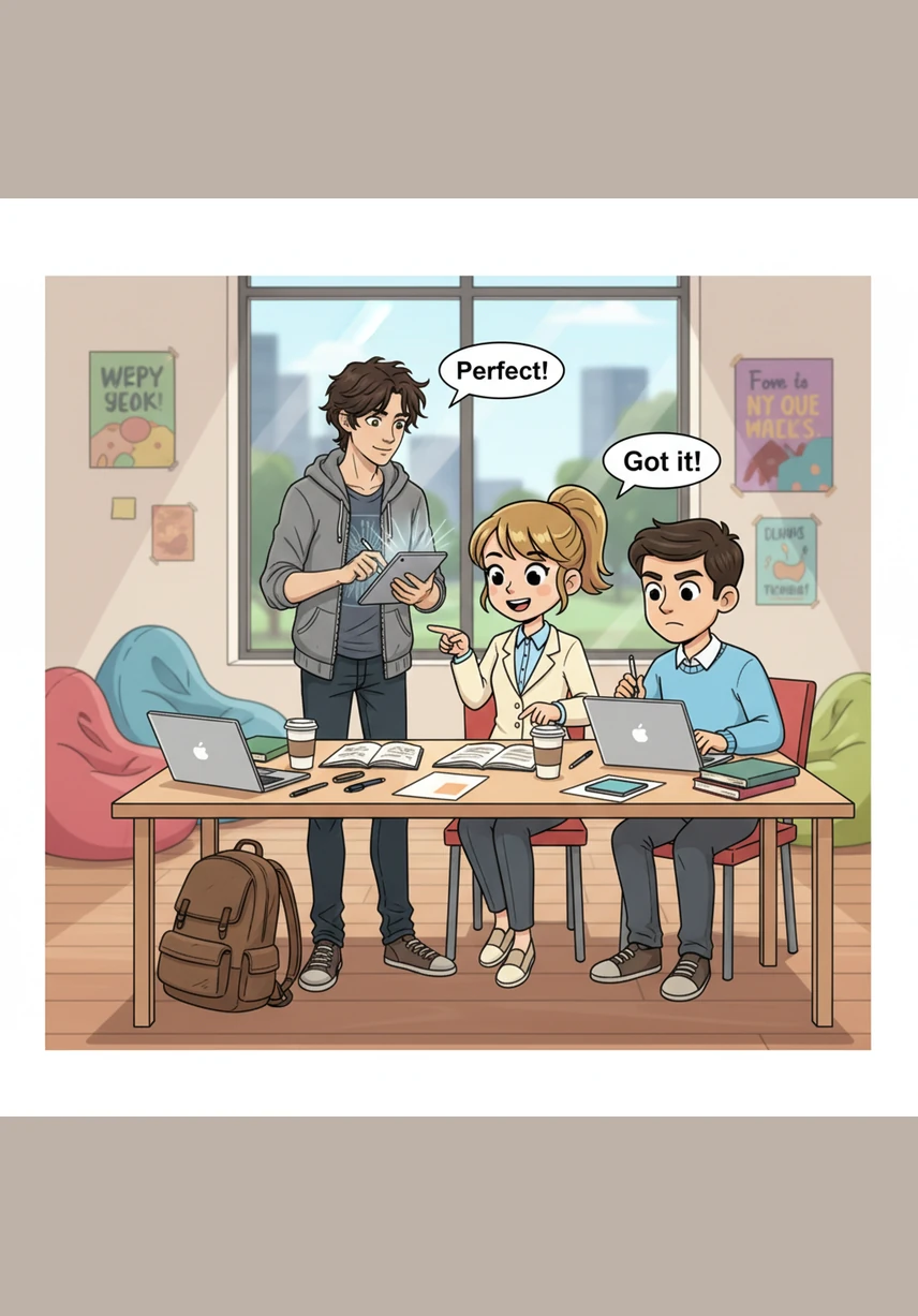 The friends work together to design their presentation, making sure the slides are clear, engaging, and full of useful information. They divide the topics fairly, ensuring everyone has a chance to speak about what they learned.