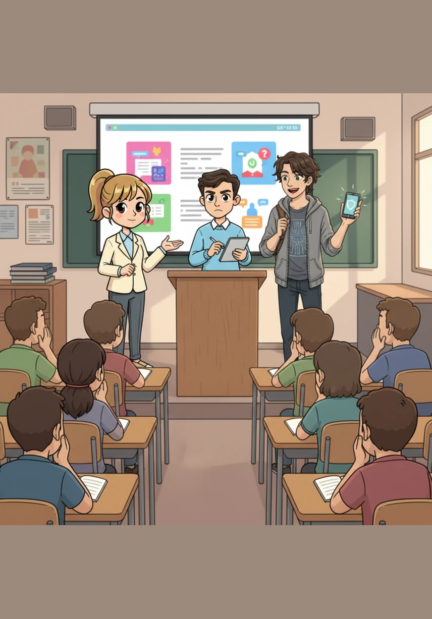 On presentation day, the trio stands at the front of the classroom, sharing their knowledge with enthusiasm and confidence. Their classmates lean in, fascinated by the importance of keeping their personal data safe.