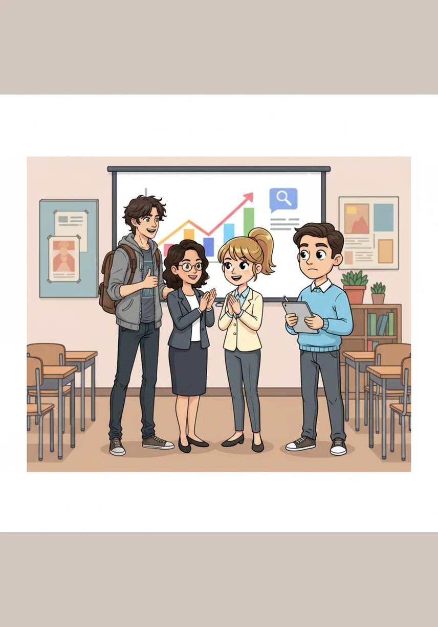 The presentation is a huge success, and the teacher commends them for their thorough research and excellent collaboration. Marc, Laia, and Pol feel proud, knowing they have mastered an important skill for the modern digital age.