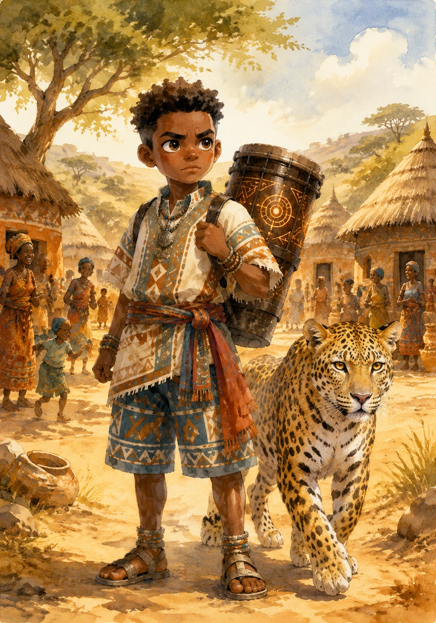 Kofi vit dans un village niché au cœur de la savane dorée, où les rires résonnent sous le soleil radieux. Avec ses grands yeux curieux et sa détermination, il rêve de devenir un grand gardien de son peuple, vêtu de ses habits traditionnels aux motifs géométriques.