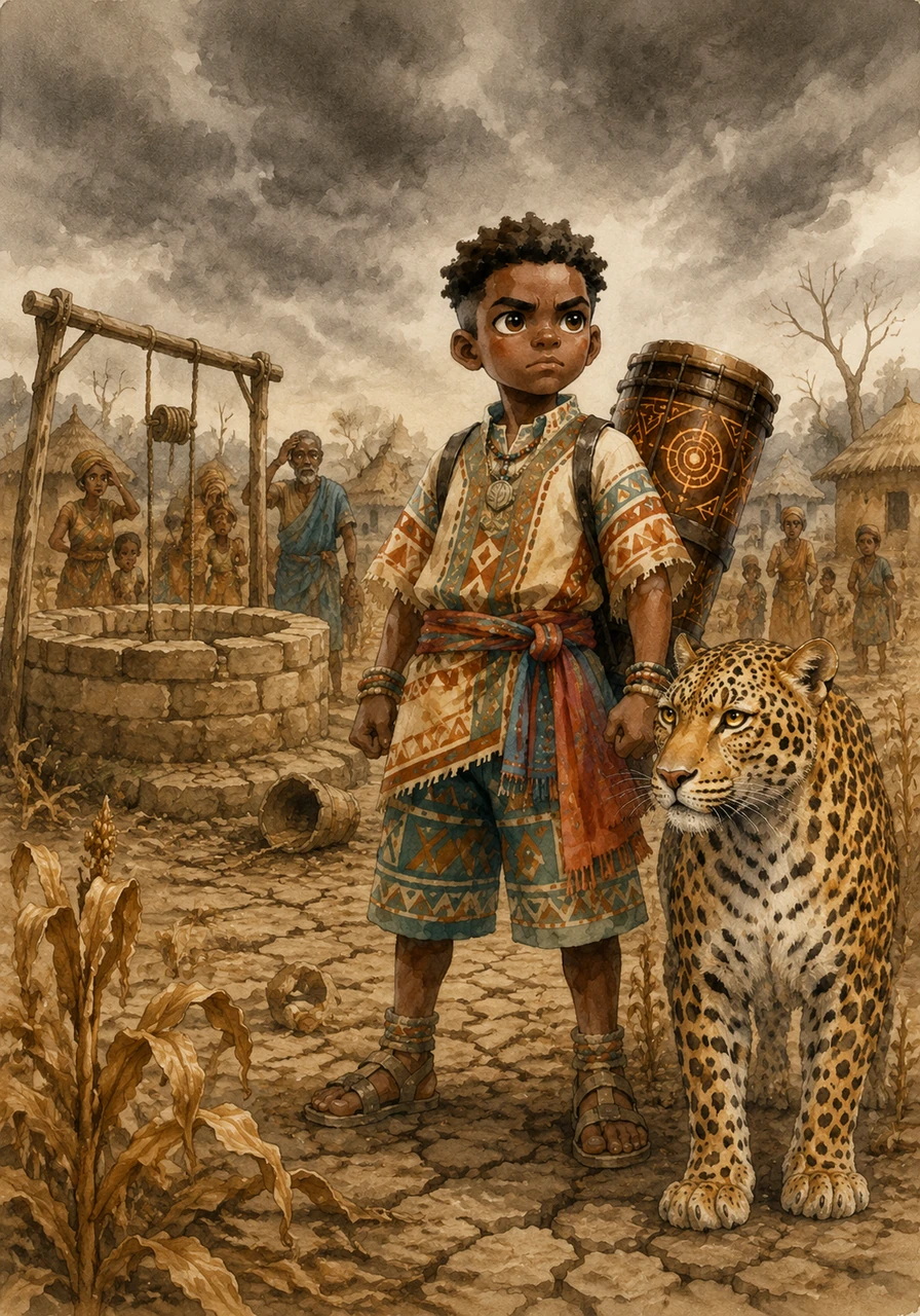 Le ciel change soudainement, devenant gris et sec alors que les puits s'assèchent et que les cultures dépérissent. Le village est plongé dans l'inquiétude, mais Kofi sent qu'il doit agir pour sauver sa terre, ses traits exprimant une résolution profonde.