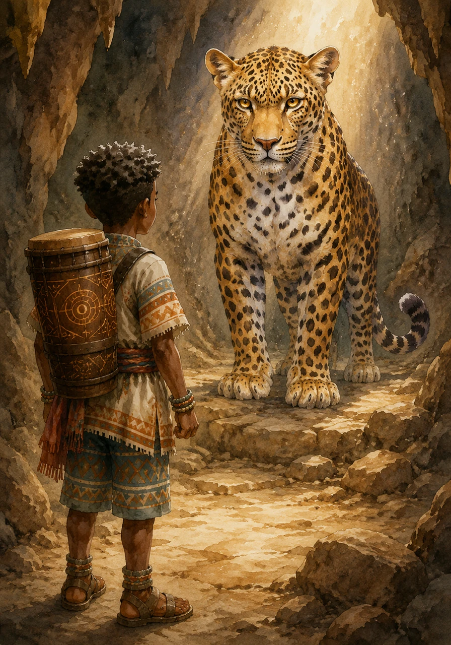 Soudain, un léopard majestueux aux yeux étincelants apparaît, se tenant fièrement devant Kofi. C'est le gardien de la grotte, qui reconnaît la pureté du cœur du jeune garçon et l'observe avec une intensité bienveillante.
