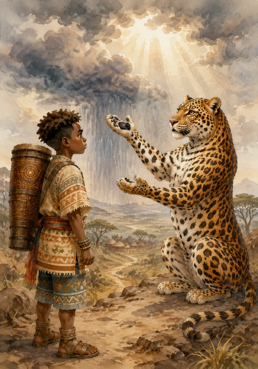 Le léopard confie à Kofi une mission sacrée : ramener la pluie en jouant le rythme de la vie sur le tambour. Il lui explique que la musique est le pont entre la terre et le ciel, utilisant des gestes amples et expressifs.