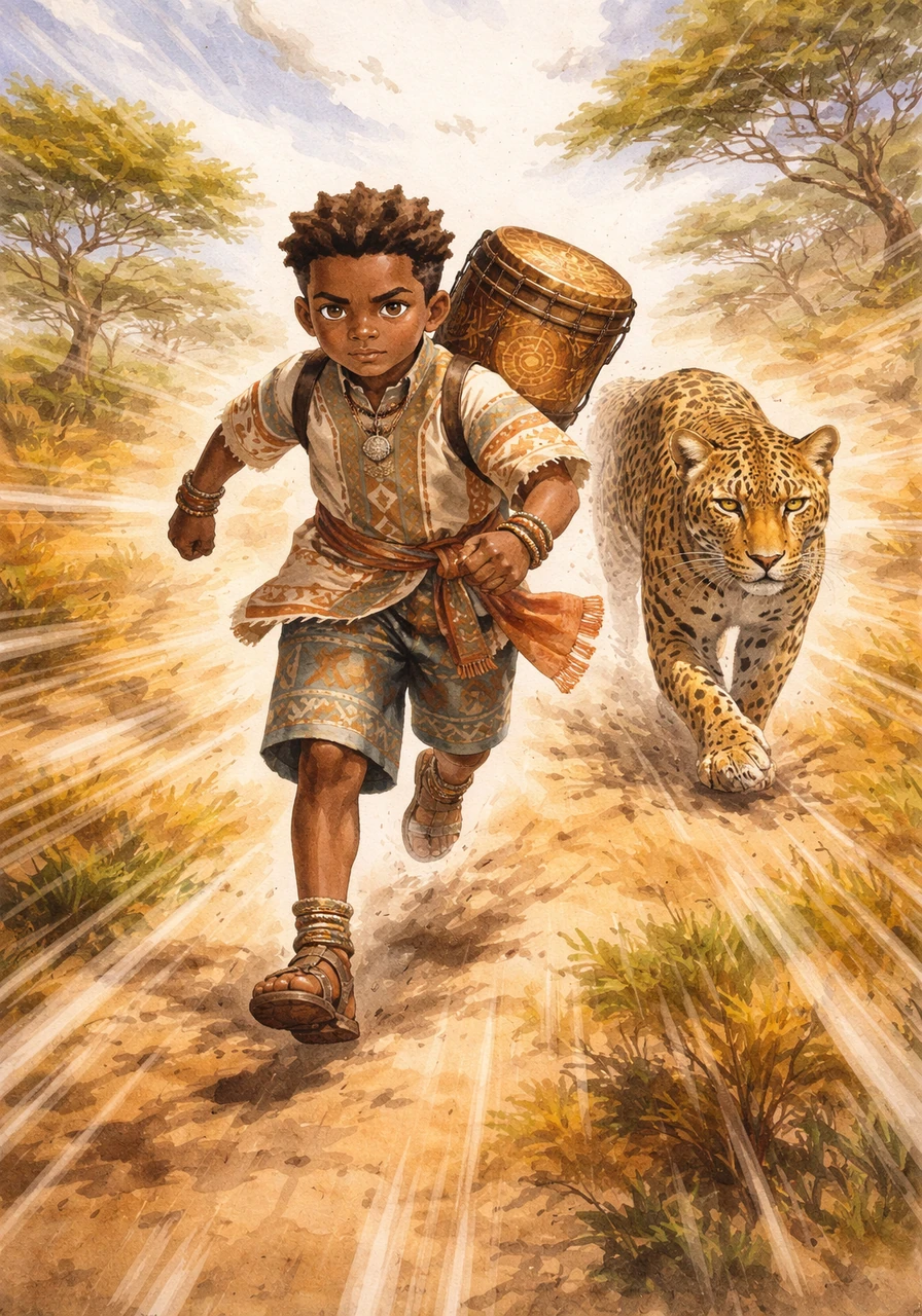 Kofi entame son voyage à travers la savane, portant le tambour sur son dos avec une détermination farouche. Les étendues infinies s'étendent devant lui, magnifiées par des lignes de vitesse dynamiques qui soulignent l'importance de sa quête.