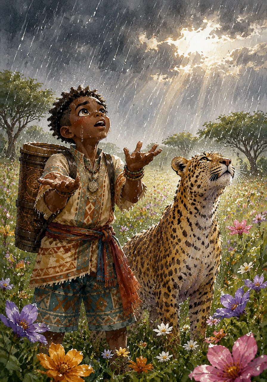 Le ciel s'ouvre enfin, libérant une pluie salvatrice qui sature la terre assoiffée de vie. Les fleurs éclosent instantanément et la savane reprend ses couleurs vibrantes sous les yeux émerveillés de Kofi, les gouttes de pluie brillant comme des diamants.