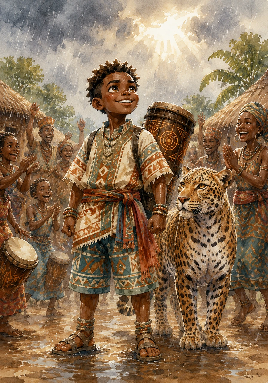 De retour au village, Kofi est accueilli en héros par les siens qui dansent sous la pluie bienfaisante. Il regarde le ciel, sachant qu'il a trouvé sa voie en tant que gardien de la nature, son visage rayonnant de bonheur et de fierté.