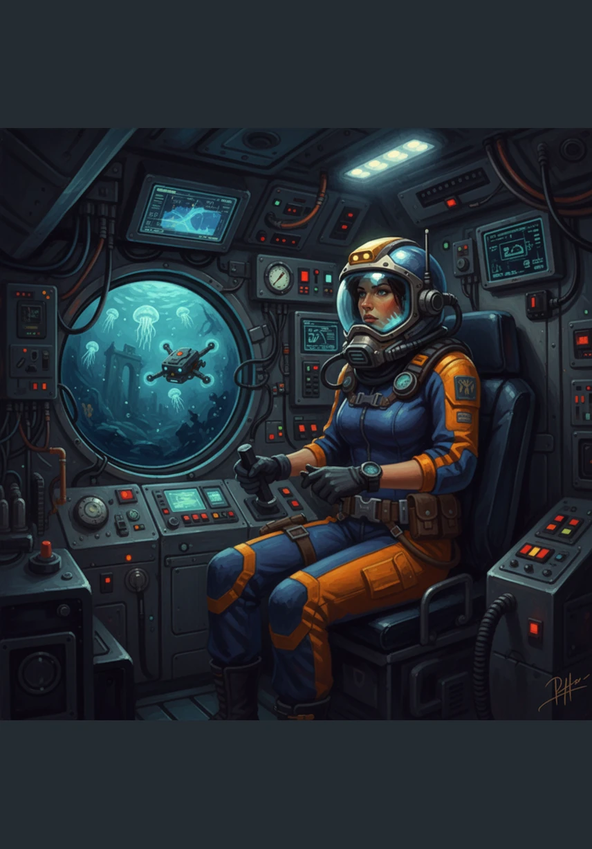 As the hatch closes and the dive begins, the bright turquoise water quickly fades into a deep, velvety indigo. Marina watches the depth gauge climb as the last traces of sunlight disappear above her.