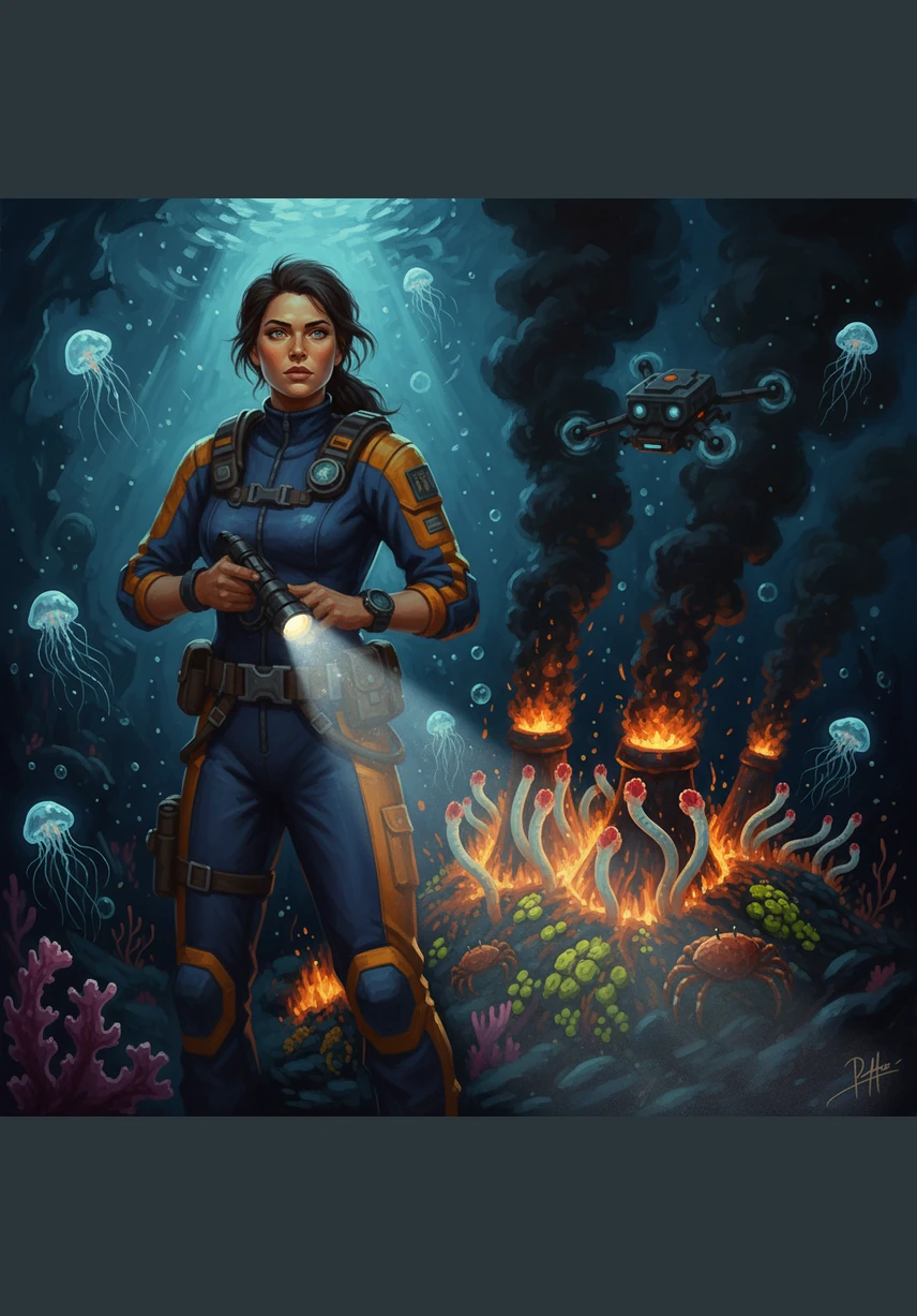 In the crushing darkness of the Midnight Zone, Marina switches on the external floodlights. A group of silver hatchetfish darts through the beams, their scales reflecting light like polished mirrors.