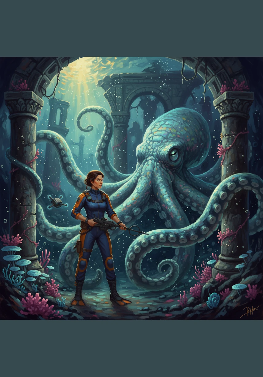 Further down, a magnificent, glowing jellyfish pulses through the water. Its bioluminescent body casts a soft pink glow, illuminating the swirling marine snow that falls like dust around it.