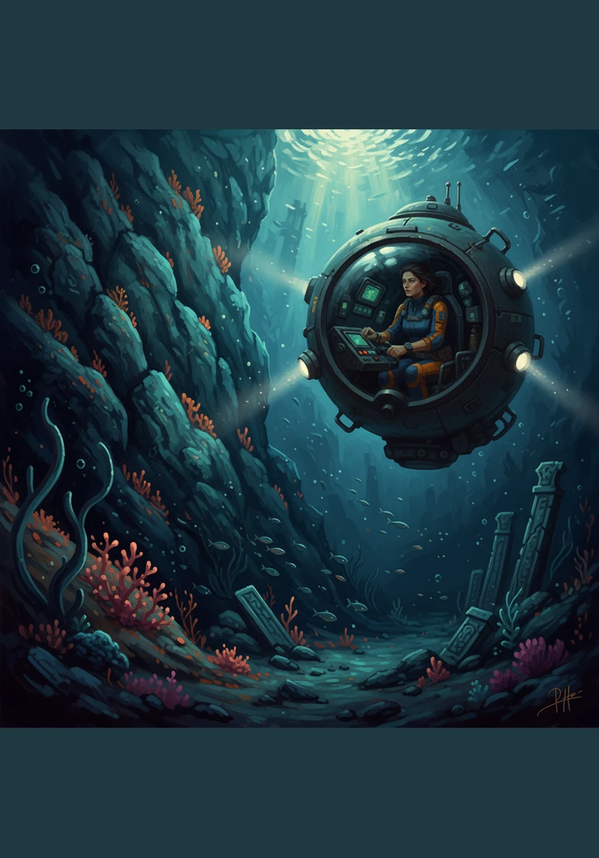 Marina navigates the submersible past a jagged underwater cliff where a lonely anglerfish waits. Its glowing lure dances in the dark, a tiny beacon of light in the immense, silent void.