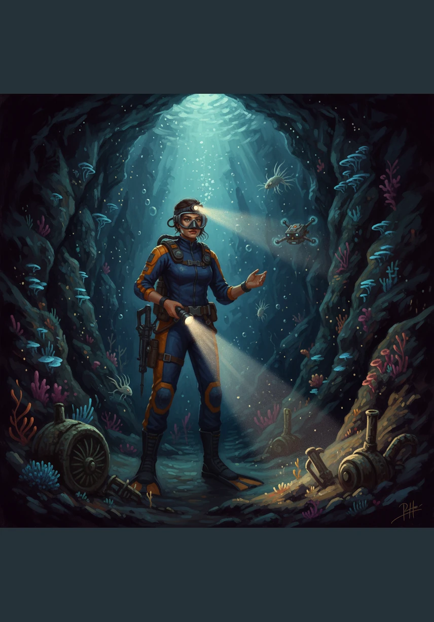 The walls of the trench appear, covered in strange, pale organisms that thrive in the extreme pressure. Marina marvels at the resilient life forms that call this alien landscape their home.