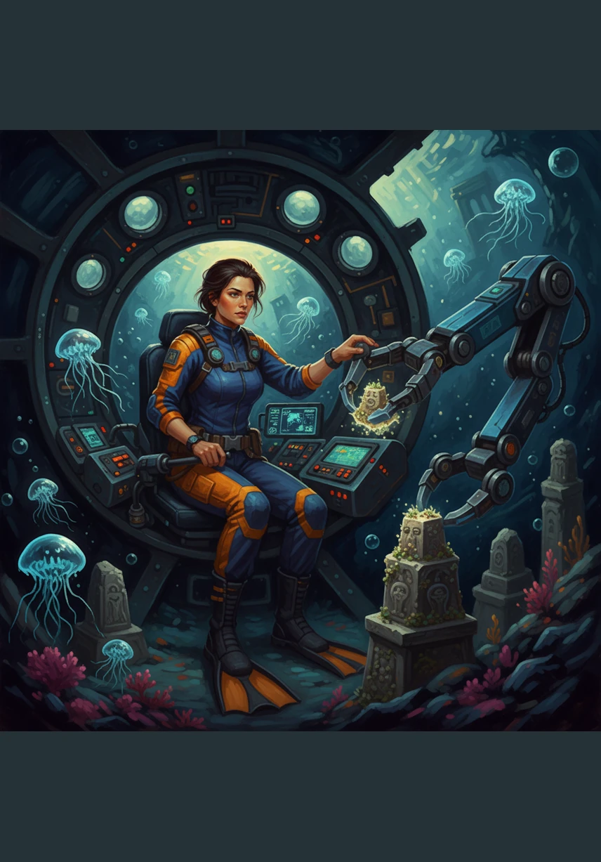 Marina uses the submersible’s robotic arm to gently collect a sample of the ancient seafloor. She feels a profound sense of wonder at being one of the few humans to ever witness this hidden world.