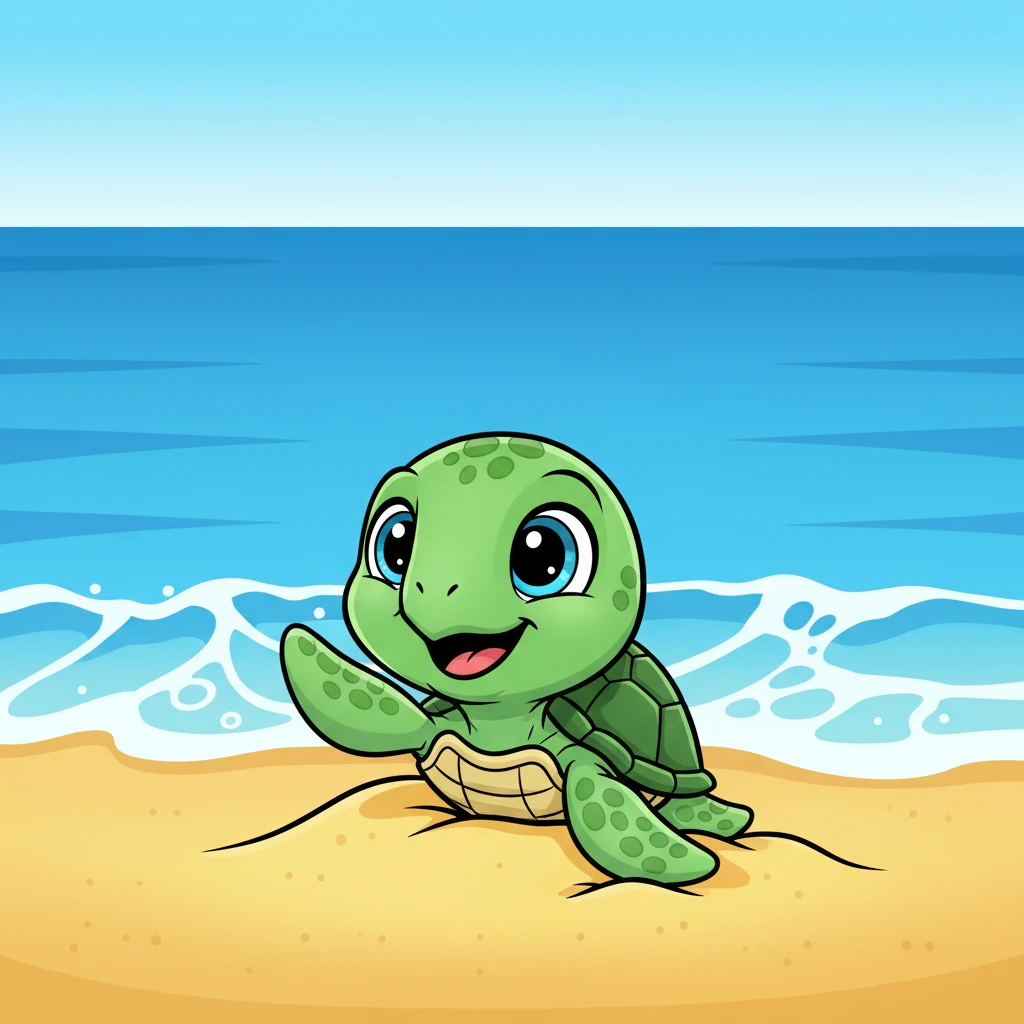 A tiny, green sea turtle named Pip poked his head out of the warm sand, blinking his big, curious eyes at the endless blue ocean. The waves whispered a gentle invitation, and Pip felt a thrilling flutter in his heart. He wiggled his flippers, ready for his very first grand adventure.