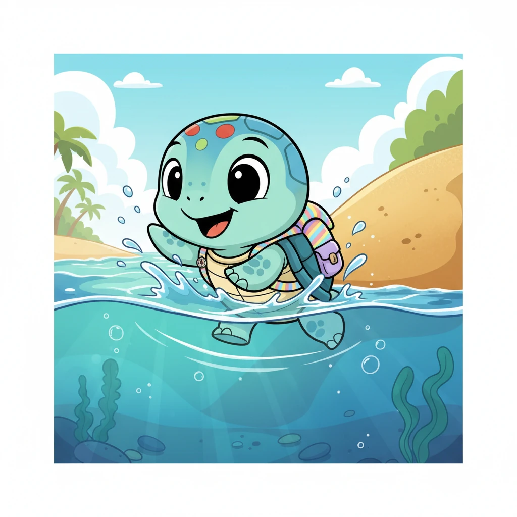 With a brave little push, Pip tumbled down the sandy slope and plunged into the cool, crystal-clear water. He paddled excitedly, feeling the gentle currents embrace him. The world above was now behind him, and a whole new, shimmering world lay ahead.