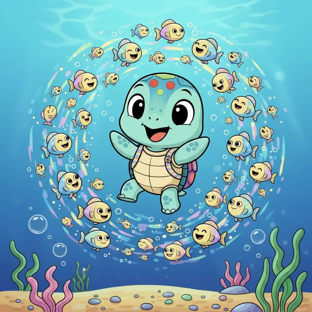 Suddenly, a rainbow burst of color swirled past him! A bustling school of tiny, iridescent fish, shimmering in blues, yellows, and pinks, darted and danced around Pip. They giggled with their fins, welcoming the new little explorer to their watery playground.