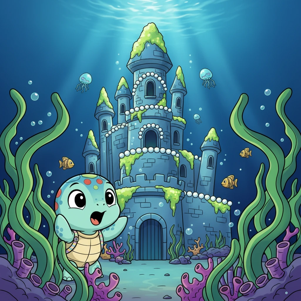 Through a curtain of swaying seaweed, Pip discovered it – an ancient, majestic underwater castle, adorned with shimmering pearls and glowing moss! Its towers reached towards the surface, and its grand archways invited him in. It was even more magnificent than he could have imagined.