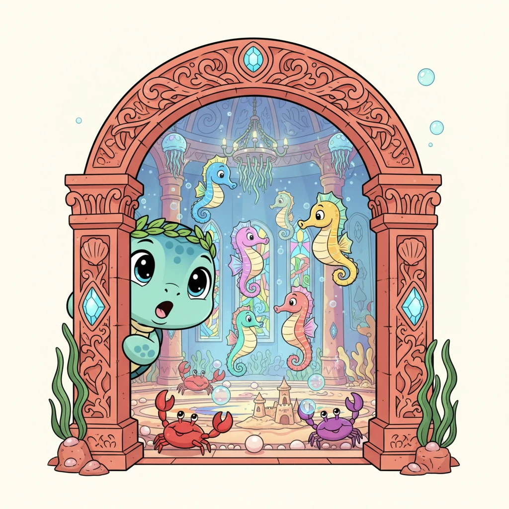 Cautiously, Pip peeked through a grand archway, his eyes wide with wonder. Inside, he saw friendly, whimsical seahorses doing graceful dances and playful crabs scuttling across the ornate floors. The castle was full of life and happy secrets.