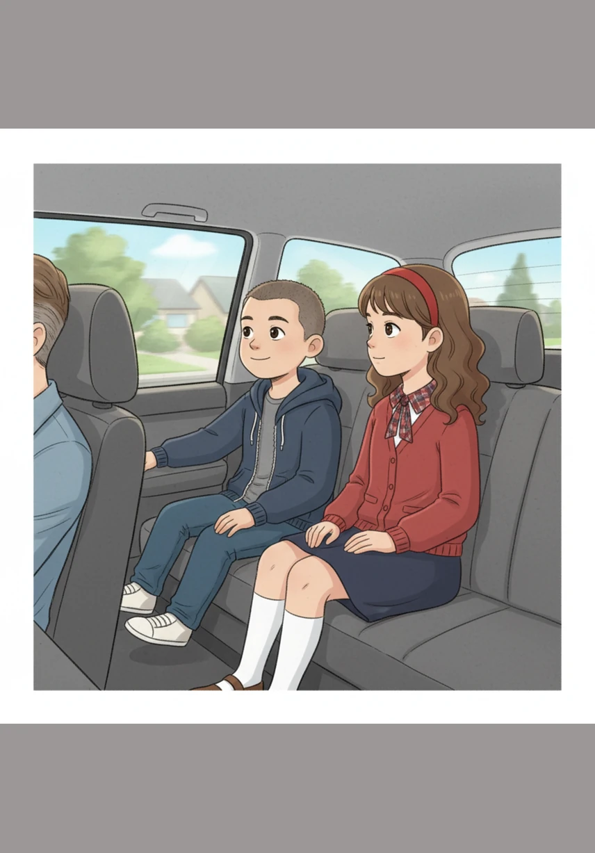 Ana and Ben sit comfortably in the backseat of their father's car as they begin their journey home from school. The sun shines brightly over the suburban road, and the children look out the windows, curious about how the car moves through the streets.