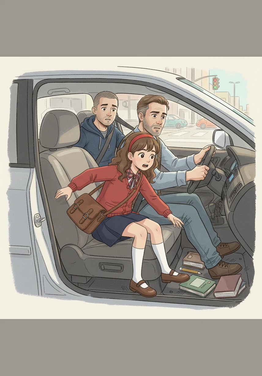 As the traffic light at the intersection turns a bright green, their father gently presses the gas pedal. The car begins to speed up, and the children feel a light pressure against their seats as the vehicle experiences acceleration.