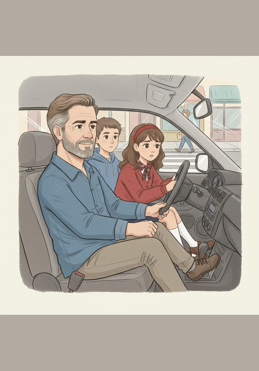 A pedestrian waits at a crosswalk ahead, prompting their father to press the brake pedal firmly but carefully. The car slows down smoothly, demonstrating deceleration to ensure the person can cross the street safely.