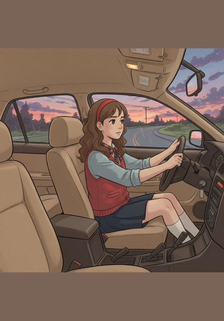 The road curves gently to the right, and the father turns the steering wheel to follow the path. Ana notices that even when the speed stays the same, changing direction is another way the car experiences acceleration.