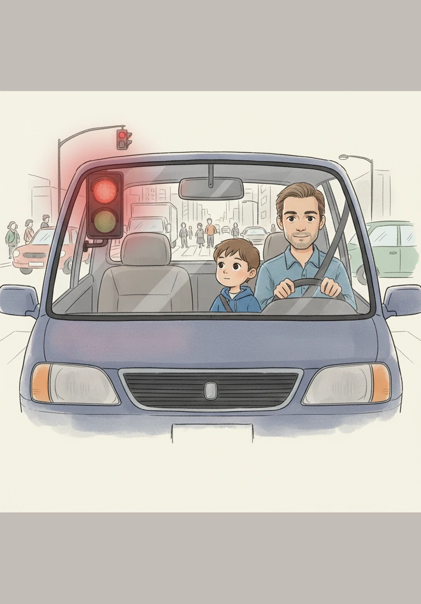 The car reaches a busy intersection and comes to a complete halt as the traffic light glows red. The children observe how the world outside stands still for a moment, emphasizing that stopping completely is vital for road safety.