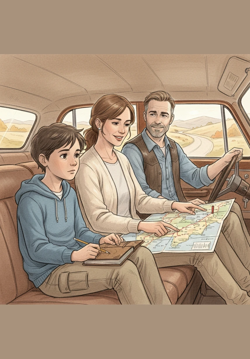 Ben leans forward and asks his father why it is dangerous to drive too fast or stop too suddenly. His father explains that keeping a steady and controlled pace helps the driver stay in command of the car at all times.