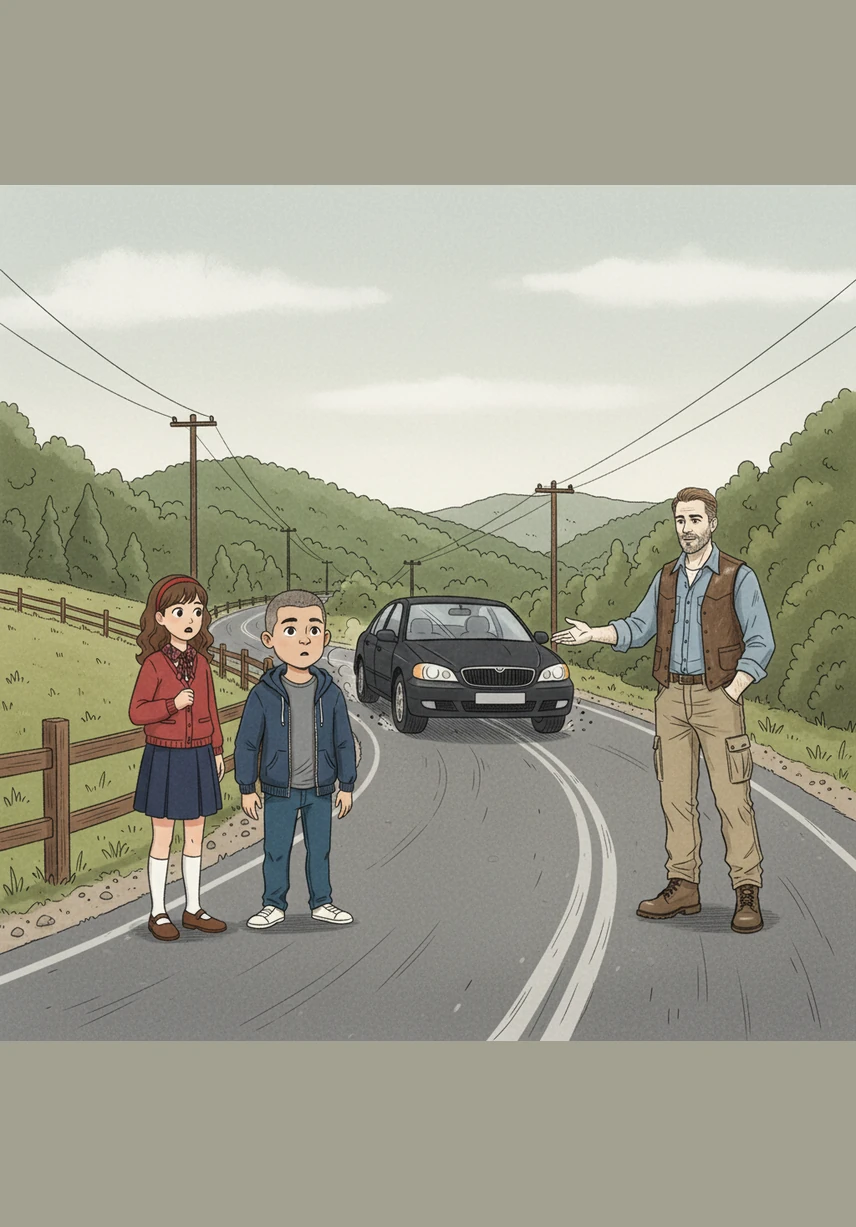 In the distance, they see a car swerving slightly because it tried to take a corner with too much speed. This real-life example helps Ana and Ben understand why improper acceleration can lead to accidents and loss of control.