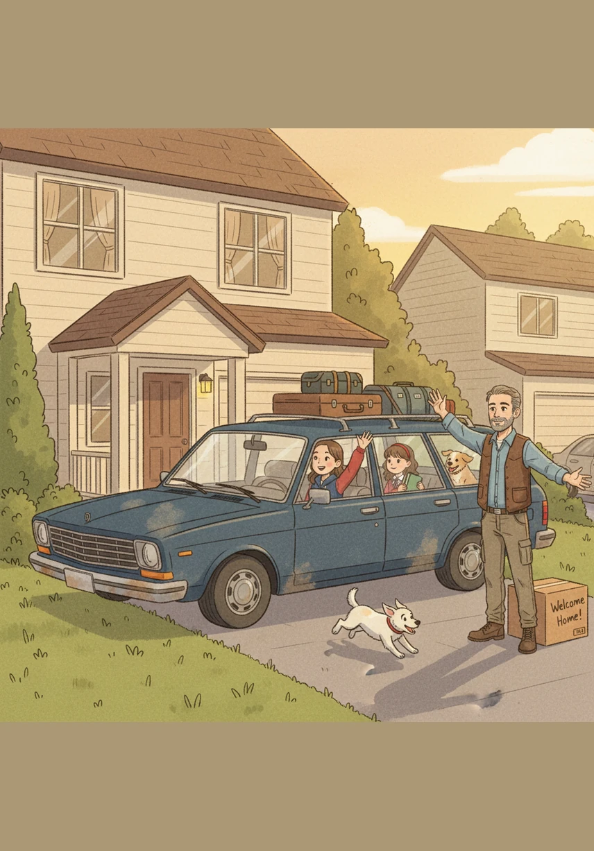 The car finally pulls into their familiar driveway, and the family arrives home safely with big smiles. Ana and Ben thank their father for the lesson, realizing that responsible driving makes the world a better place for everyone.