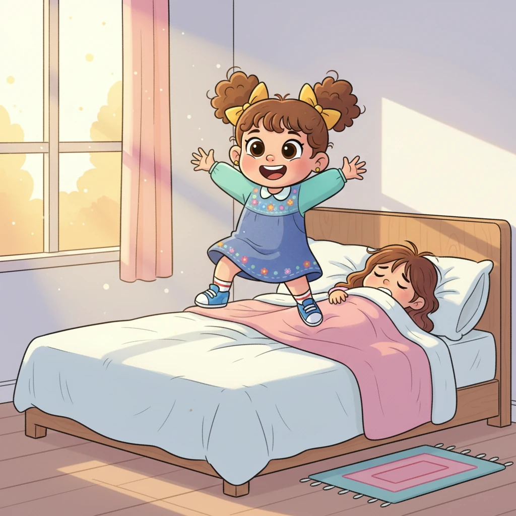 The morning sun peeked through Hoor's window, but Hoor was already a whirlwind of giggles and wiggles. Her bright, curious eyes sparkled as she bounced on her bed, ready to conquer the day. Mommy, still snuggled under her blanket, let out a sleepy groan, knowing her quiet morning was officially over.