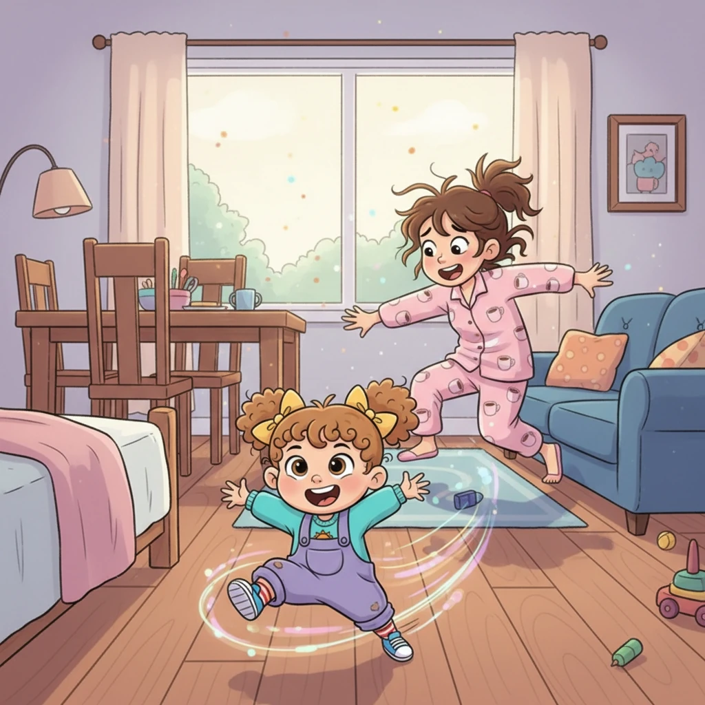 With a mischievous grin, Hoor tumbled off her bed and zoomed around the living room like a tiny rocket. She darted under tables, zipped behind sofas, and giggled as Mommy, still in her pajamas, tried to follow her every zig and zag. The house became Hoor's personal racetrack, full of boundless energy.
