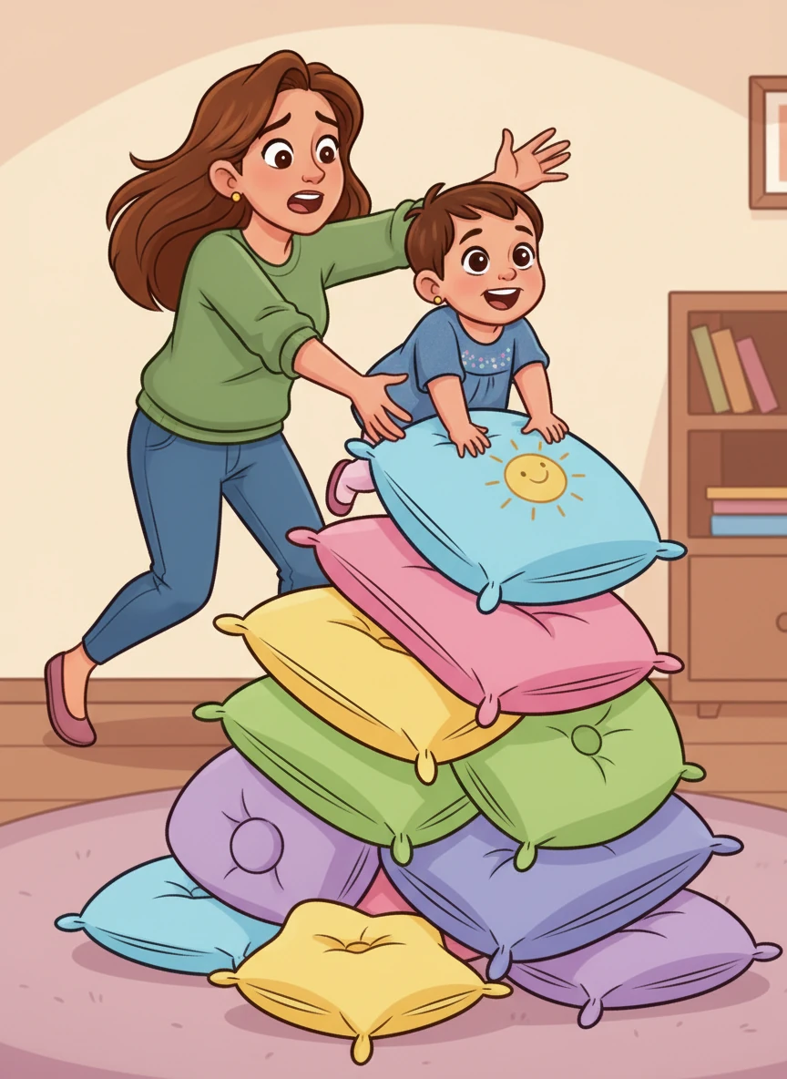 Suddenly, Hoor spotted a towering stack of cushions and, with surprising agility, began to climb it like a tiny mountain explorer. Mommy rushed over, her arms outstretched, a look of loving exasperation on her face as she gently guided Hoor back down. Hoor just laughed, her expressive face beaming with triumph.