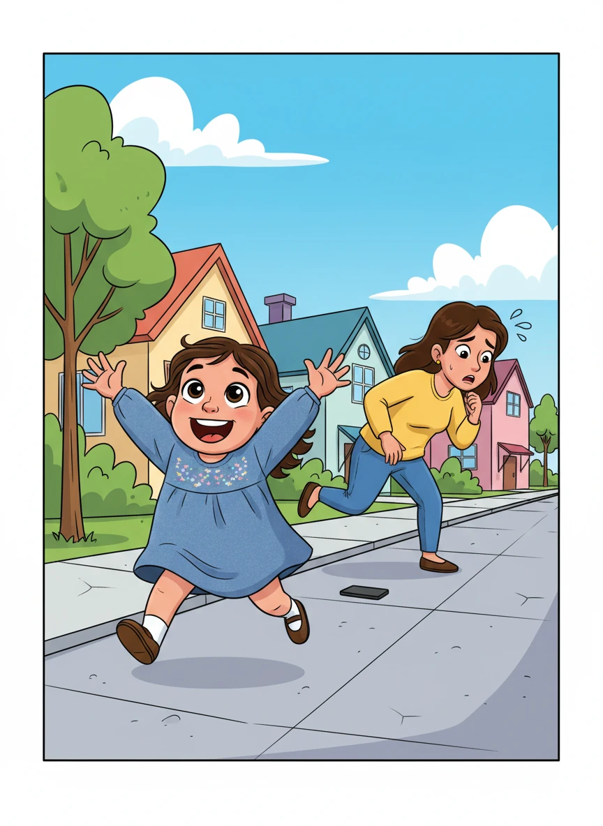 "Hooooor!" Mommy cried, dropping the phone and dashing after her little escape artist. Hoor, oblivious to Mommy's urgency, skipped down the sidewalk, her arms flailing with delight. Mommy, panting slightly, tried to keep pace, a mix of worry and amusement on her face.
