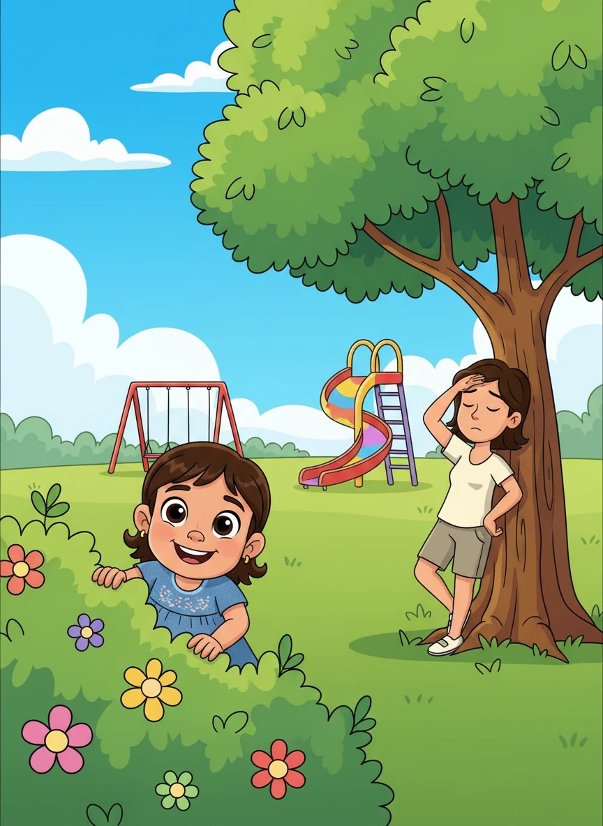 Hoor discovered a vibrant park, a wonderland of swings and slides and open green spaces. She played a spontaneous game of hide-and-seek among the bushes, peeking out with wide, joyful eyes. Mommy, leaning against a tree, wiped her brow, her legs aching from the constant pursuit.