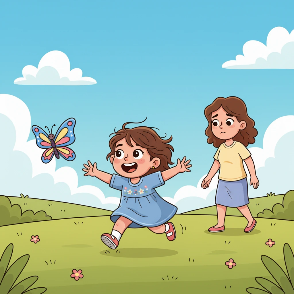 A beautiful butterfly fluttered past Hoor, its colorful wings catching her attention. "Butterfly!" she squealed, taking off in hot pursuit across the grassy field. Mommy sighed, a loving smile touching her tired lips, and began her slow, determined chase once more.