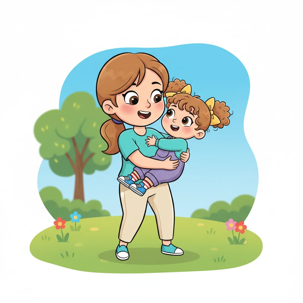 Finally, with a gentle scoop, Mommy caught Hoor in her arms, spinning her around with a loving hug. Hoor, though a little breathless, still had a spark of energy in her eyes, ready for the next adventure. Mommy held her close, both of them a little sweaty but full of love.