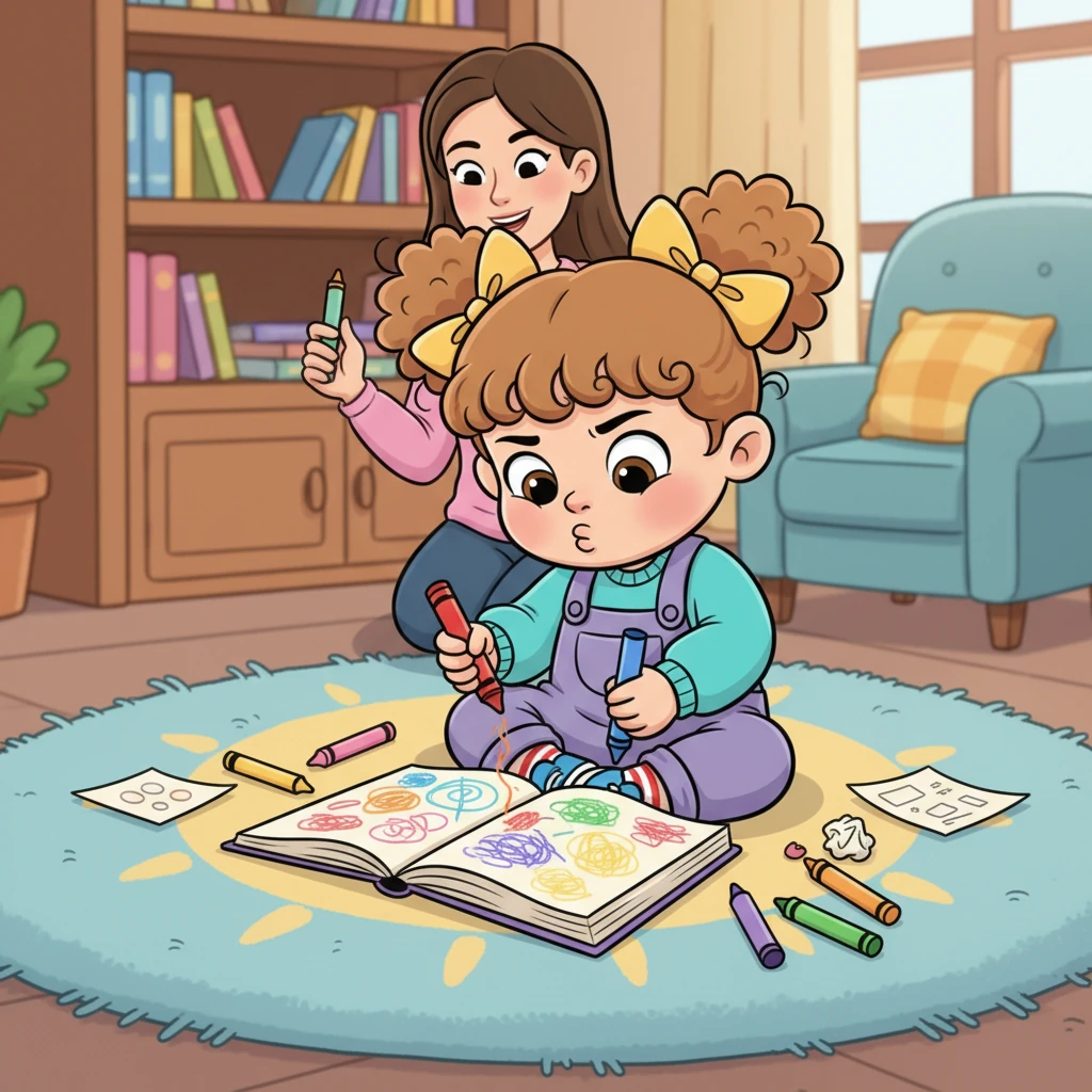 Back home, Mommy decided it was time for a quieter activity. She pulled out Hoor's favorite drawing book and colorful crayons. Hoor, surprisingly, settled down, her little hands gripped the crayons, creating abstract masterpieces, her focus intense and her energy channeled.