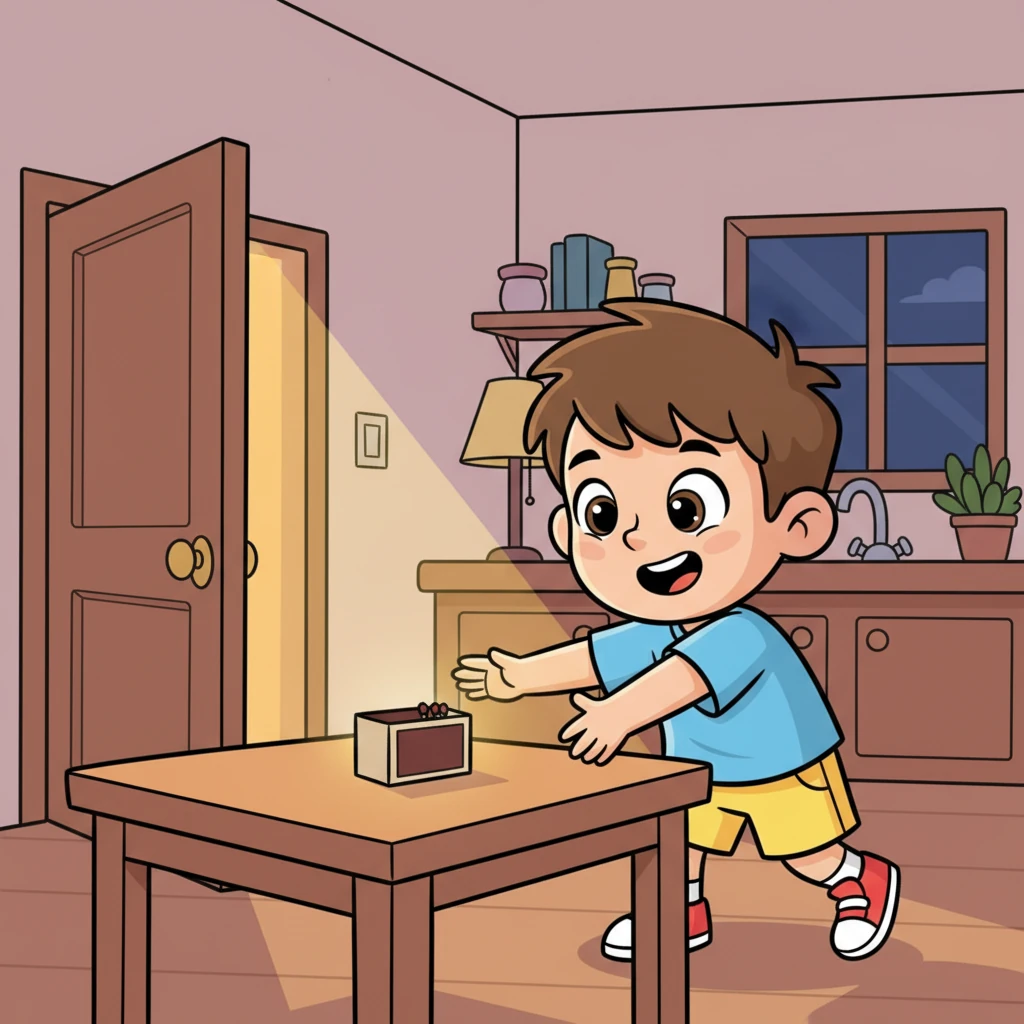 As the front door clicked shut, Timur felt a sudden urge for adventure. His eyes twinkled mischievously as he spotted a small box resting on the kitchen table. It was a box of matches, simple and intriguing, shining brightly in the lamplight.