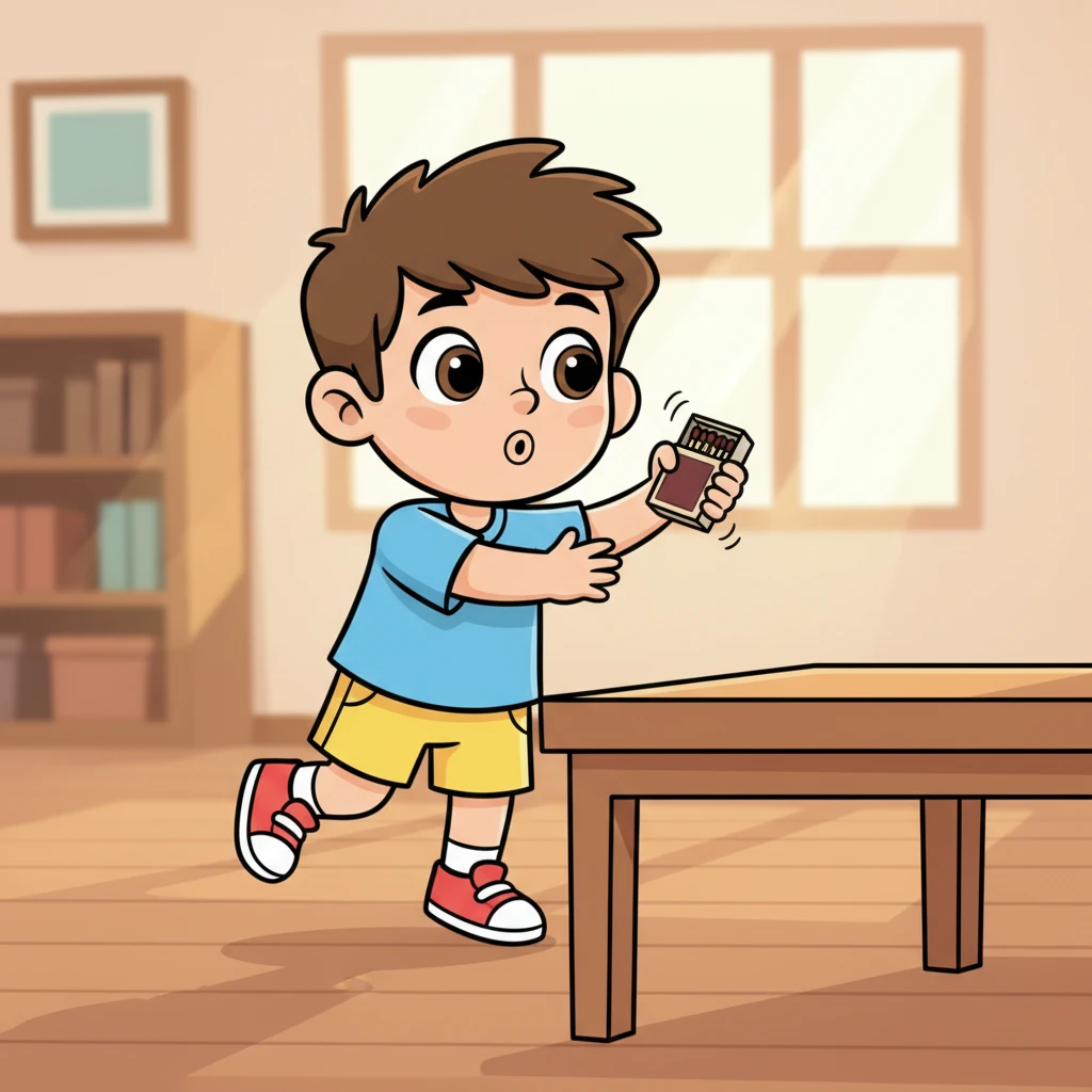 With a skip in his step, Timur tiptoed to the table and carefully picked up the matchbox. He shook it gently, hearing the tiny sticks rattle inside. "I wonder what would happen if I lit just one match?" he whispered, his curiosity bubbling over.