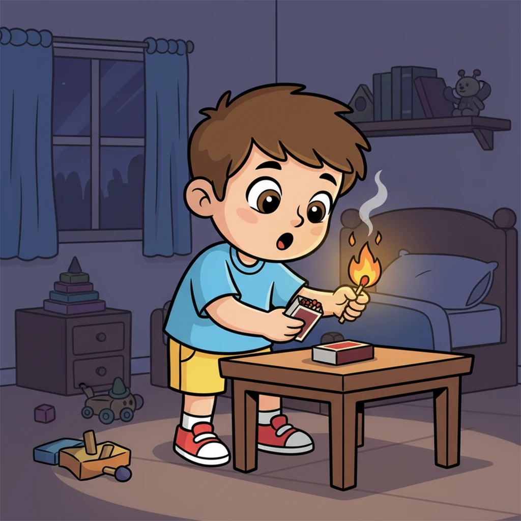 Timur slid open the box and pulled out a single matchstick. He carefully struck it against the side, and *whoosh!* A tiny, bright orange flame danced to life, illuminating his wide, amazed eyes. "Wow! How beautiful!" he exclaimed, mesmerized by the glowing light.