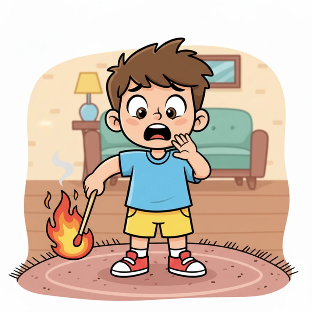 But the beautiful little flame quickly grew bigger and hotter, flickering wildly. Timur's joyful expression turned to fear as the heat singed his fingertips. Startled, he dropped the burning match, watching in horror as it tumbled onto the soft rug below.