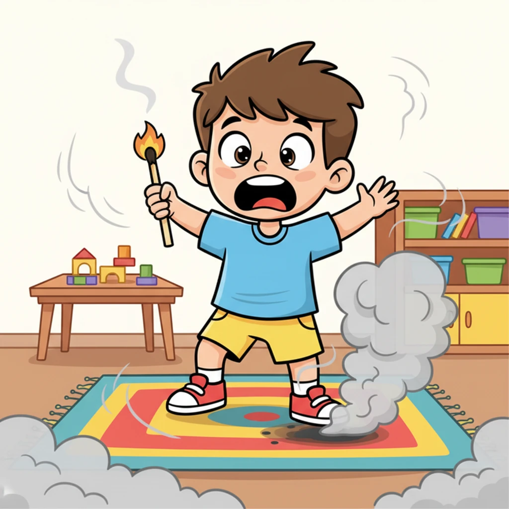 The tiny flame touched the colorful carpet, and a puff of grey smoke instantly billowed up. A small, dark scorch mark began to spread, and the room started to fill with a strange, acrid smell. "Oh no! What should I do?!" Timur cried, his heart pounding like a drum.