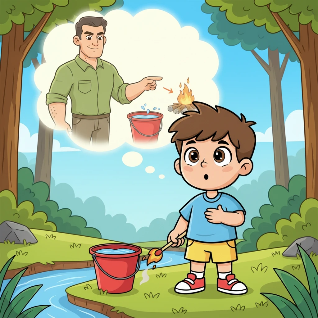 Just then, a memory flashed in his mind – his father's stern but loving voice. "If anything ever catches fire, immediately call for help and use water to put it out!" Timur remembered, his eyes widening with newfound determination.