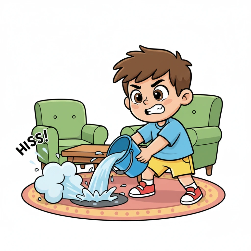 Without a moment's hesitation, Timur dashed into the kitchen, grabbed a bright blue bucket, and filled it with water from the tap. He rushed back to the living room and bravely poured the water onto the smoking carpet. *Hiss!* The flame vanished, leaving behind a wet, smoky patch.