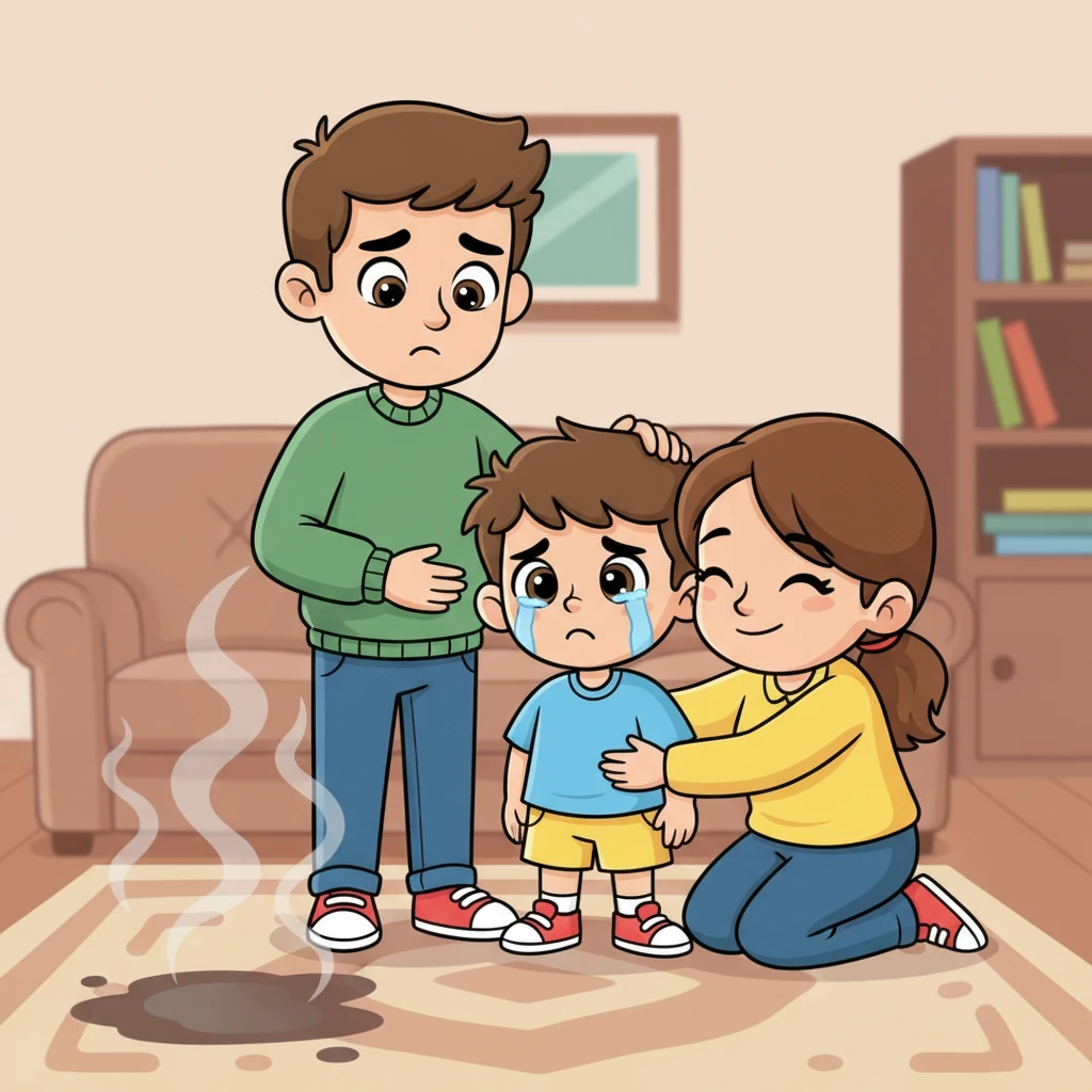 Later, when his parents returned, they found a sad, teary-eyed Timur beside a damp spot on the carpet, the air still faintly smelling of smoke. He bravely confessed everything, and his father, after a sigh, explained that matches are not toys, and fire, though useful, can be very dangerous. His mom hugged him tight, relieved he was safe and had learned a vital lesson about fire safety.