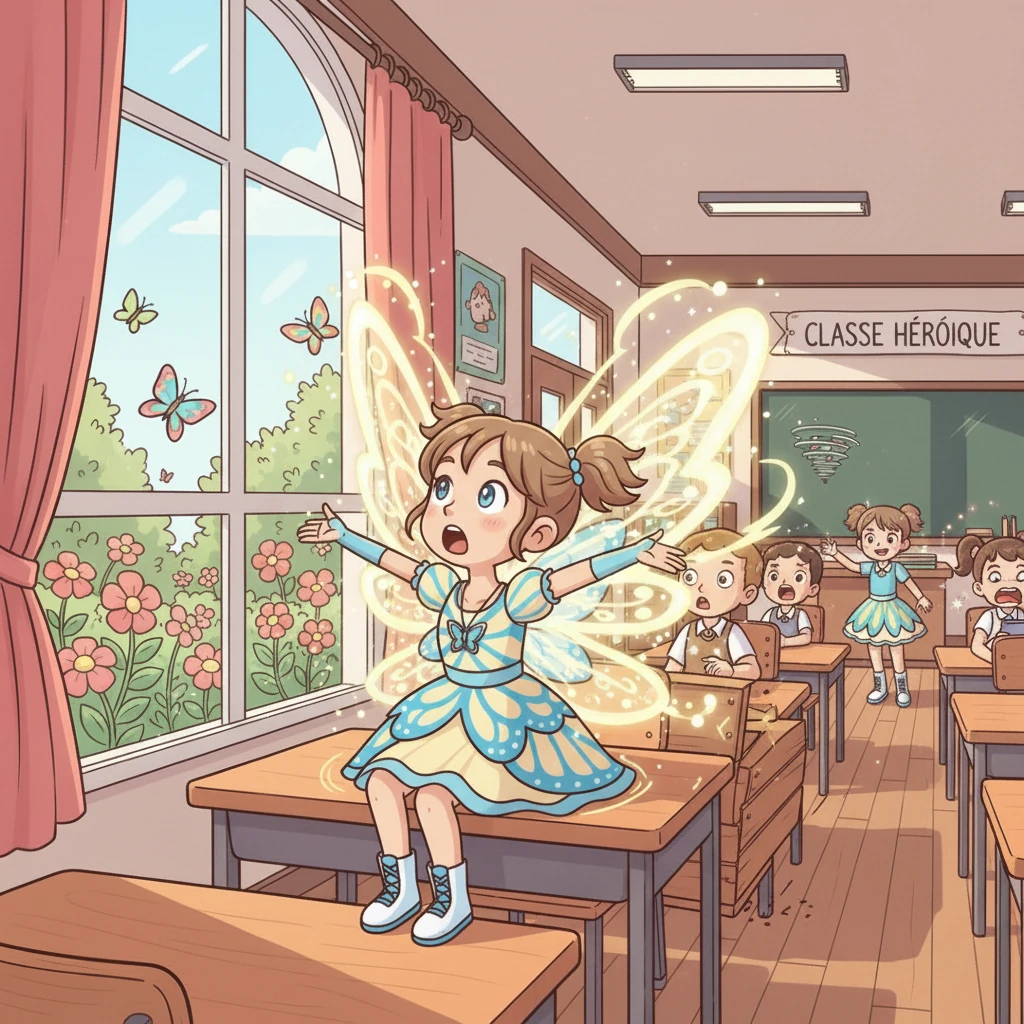 Un jour, pendant un cours sur l'éveil des pouvoirs, une sensation étrange traversa Koharu. Une lumière douce émana de son dos, et de magnifiques ailes de papillon, tissées d'énergie lumineuse, se déployèrent avec un bruissement magique. La classe entière retint son souffle, émerveillée par cette éclosion soudaine.