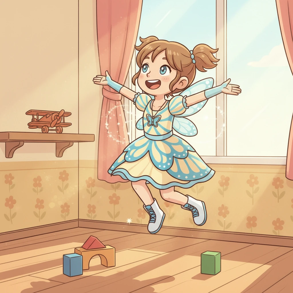 Avec un mélange d'excitation et de maladresse, Koharu tenta son premier vol. Elle gigota un peu, manqua de tomber, puis, avec un battement gracieux, elle s'éleva doucement au-dessus du sol. Son cœur battait la chamade, rempli d'une joie pure et d'une liberté inattendue alors qu'elle planait dans la pièce.