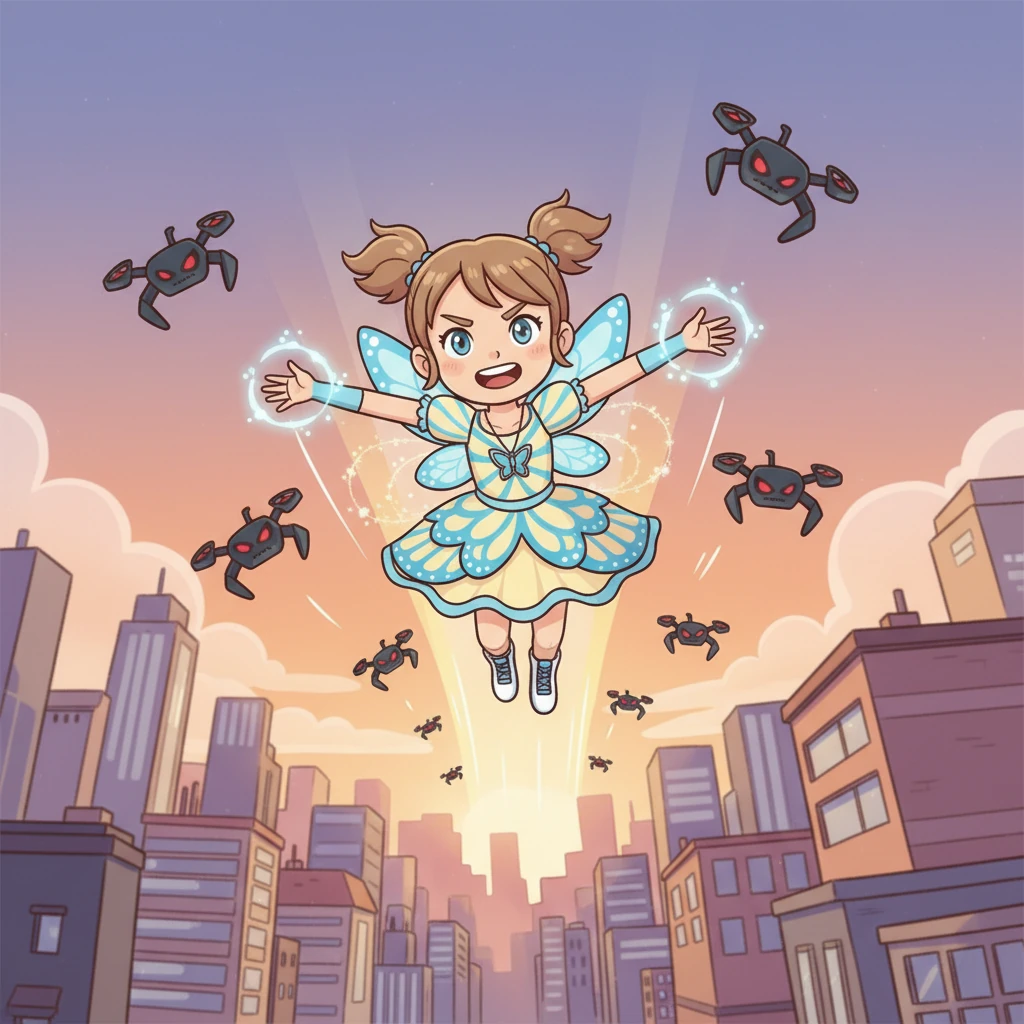 Un après-midi, une alarme retentit : un essaim de drones malveillants s'était égaré et menaçait de causer des dégâts en ville. C'était l'occasion de prouver sa valeur. Koharu, le cœur battant, s'élança, ses ailes lumineuses fendant l'air tel un éclair coloré.